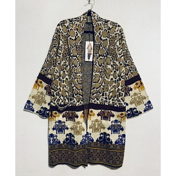 Max Sport Sweater Womens Small Twin Print Duster Cardigan Leopard Open Front - Picture 2 of 11